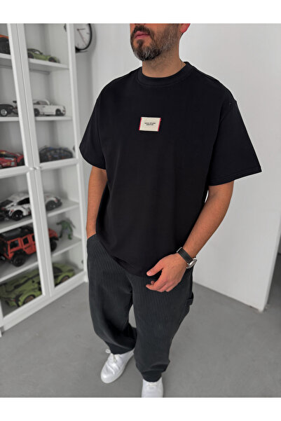 BYBASICMAN Μαύρο T-Shirt Oversize με Ψάθινες Εφαρμογές C-023
