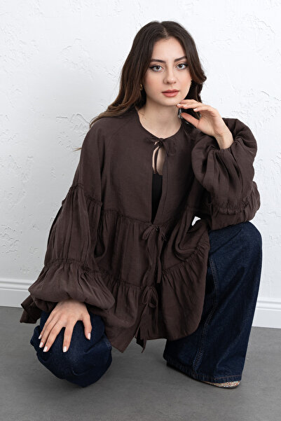Salih Çelebi Lace-Up Layered Blouse 0073 - Brown