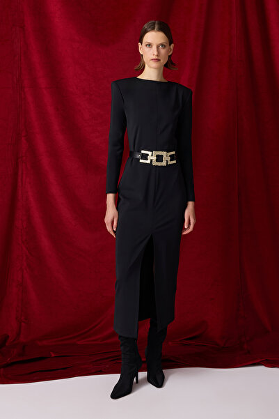 Jus De Pommes SİYAH VATKALI YIRTMAÇLI MİDİ BOY ELBİSE