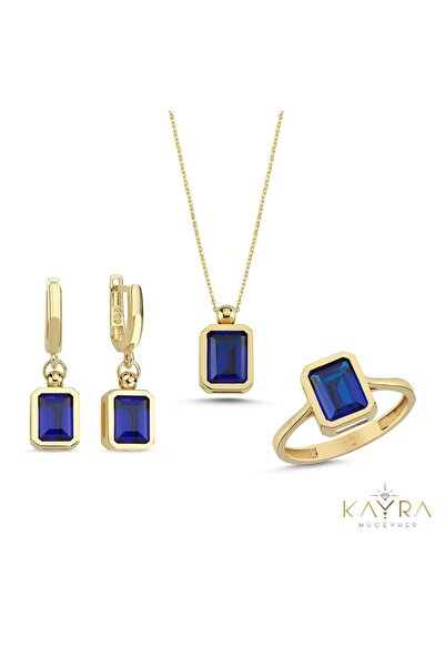 Kayra Mücevher Mavi Topaz Taşlı Altın Takım TKM07