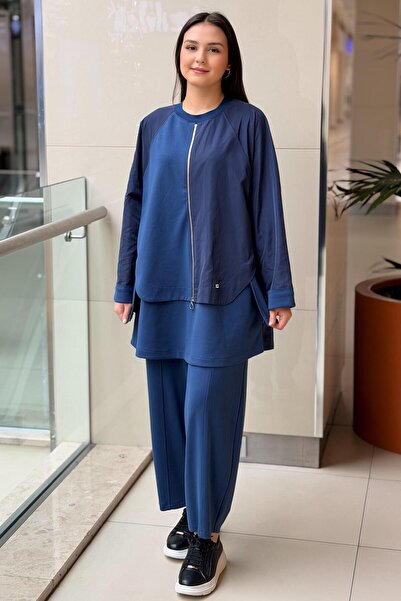 Ghisa Önden Fermuarlı Paraşüt Kumaş Garnili Tunik pantolon Takım