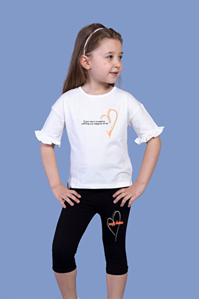 Toontoy Girl's 2-Piece Set Printed Crew Neck T-Shirt with Ruffle Sleeves & Ba...