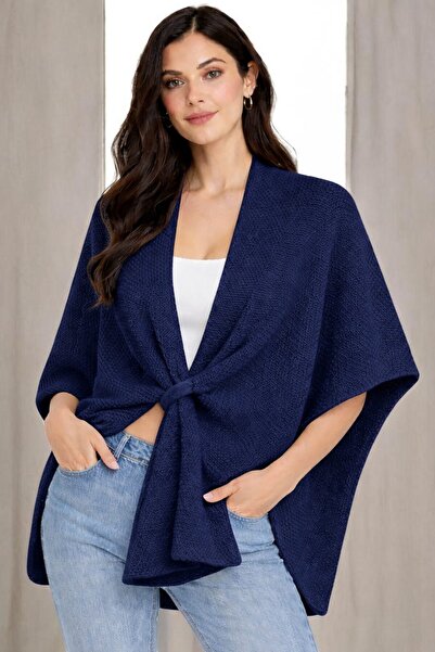 MODAMERSİ Women's Navy Blue Front Detailed Poncho Cardigan