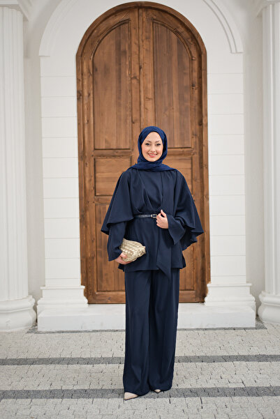 LOCCO Women's Pleated Front Belted Suit Navy Blue