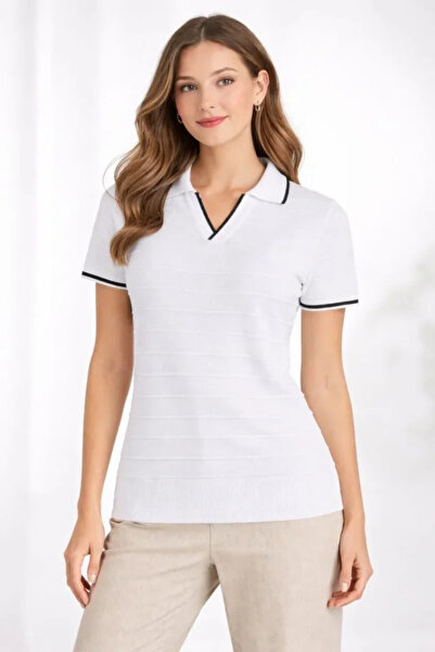 Viyamo Yeni Sezon Kadın Triko Kumaş Düğmesiz Yakalı Fitilli Kısa Kollu Regula...