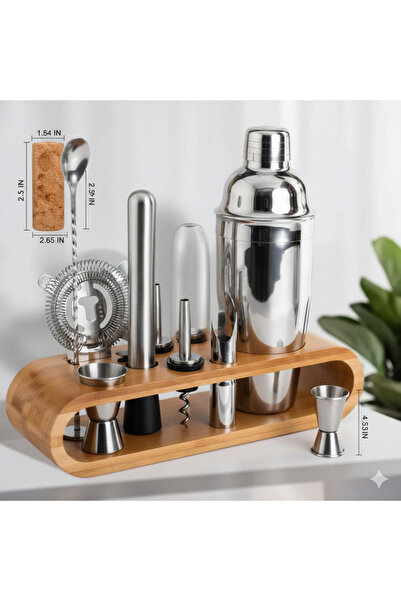 Store Premium 12-Piece Cocktail Set with Bamboo Stand – Silver Elegance |   D...