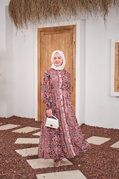 LOCCO Women's Ethnic Pattern Drawstring Belt Detail Chiffon Dress Plum