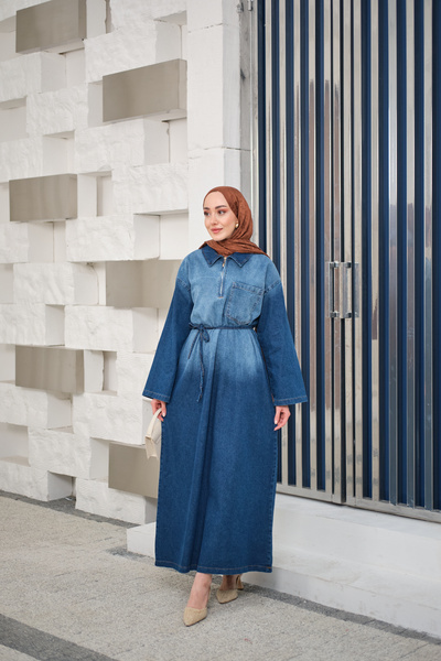 LOCCO Women's Tonsürton Detailed Waist Tie Denim Dress Blue