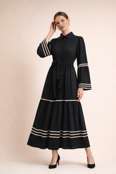 Kirazgym Süzene Embroidered Piece Dress - Black