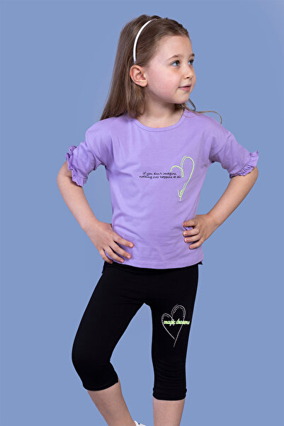 Toontoy Girl's 2-Piece Set Printed Crew Neck T-Shirt with Ruffle Sleeves & Ba...