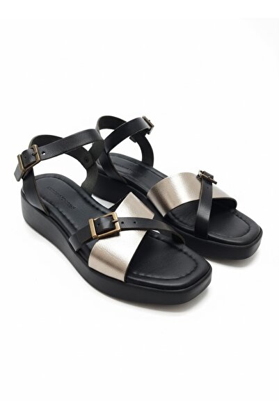 L&L Genuine Leather Black Silver Padded Sole Women's Sandals
