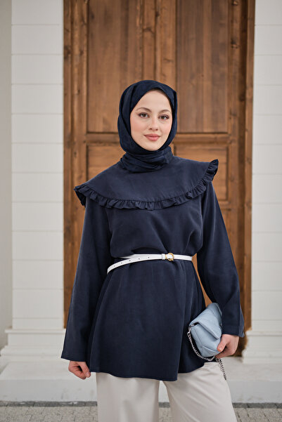 LOCCO Women's Ruffle Detail Stitched Tunic Navy Blue