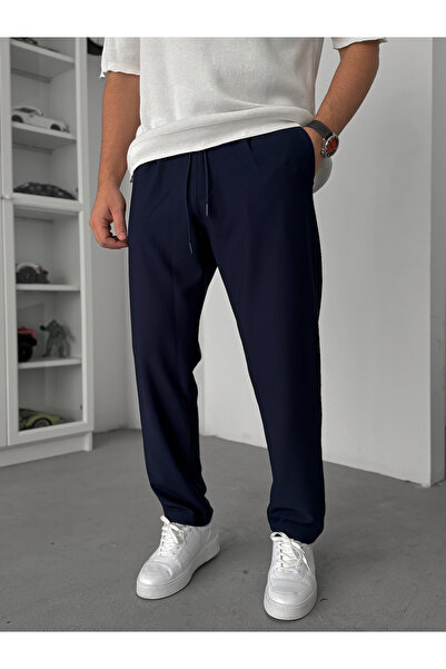 BYBASICMAN Navy Blue Straight Fit Textured Trousers Tw-1011