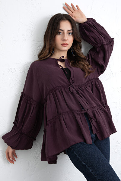 Salih Çelebi Lace-Up Layered Blouse 0073 - Mürdüm