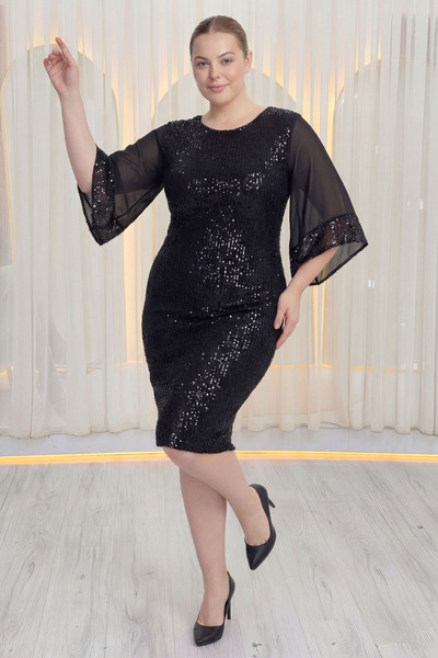 the ZKS Kadın Yarım Kol Midi Boy Pul Payet Büyük Beden Abiye Elbise Bordo, Si...