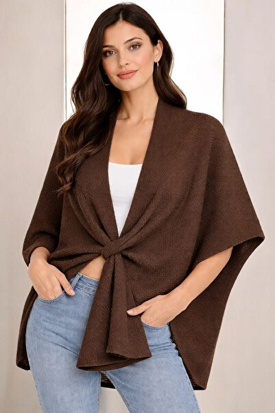 MODAMERSİ Women's Brown Front Detailed Poncho Cardigan