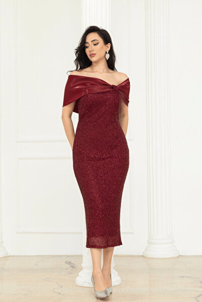 BEYBOS Rochie creion din țesătură cu paiete și satin, cu decolteu bărcuță - R...