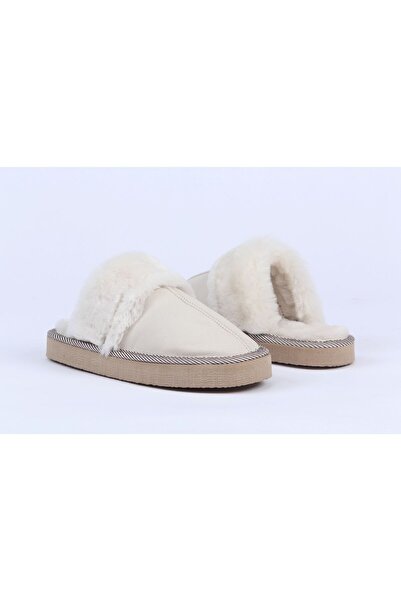 dabbagh Unisex Bianco Krem İçi Kürklü Hakiki Deri Slippers
