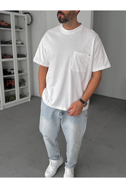BYBASICMAN Tricou oversize alb cu buzunare, lavabil, C-011