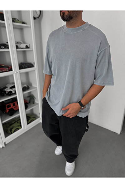 BYBASICMAN Γκρι Πλυμένο Μπλουζάκι Λύκρα Oversize C-069