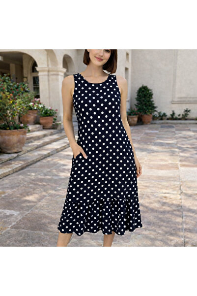 MODA Kadın Siyah Beyaz Puantiyeli Kalın Askılı Cepli Pileli Elbise