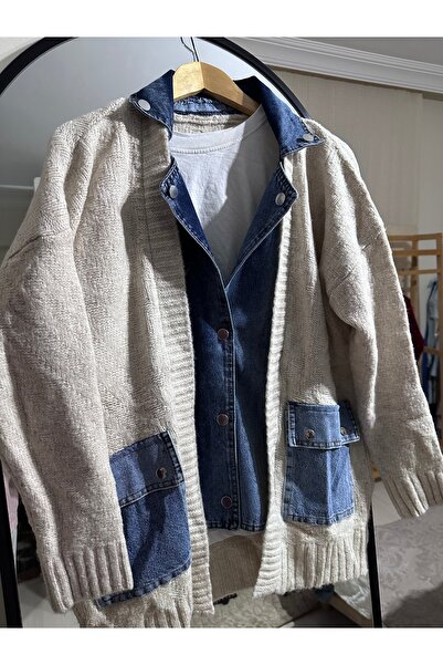 MODA S&S BZLİNE Denim Detailed Oversized Knitwear Cardigan