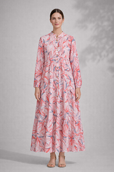 Kirazgym Floral Patterned Half Button Dress with Elastic Sleeves - Tile