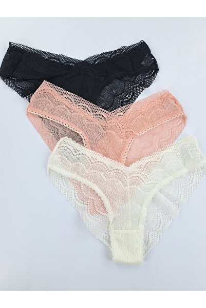 Butik 3'lü Full Dantelli Tanga Külot Brezilya Kesim Tanga Likralı Esnek Rahat...