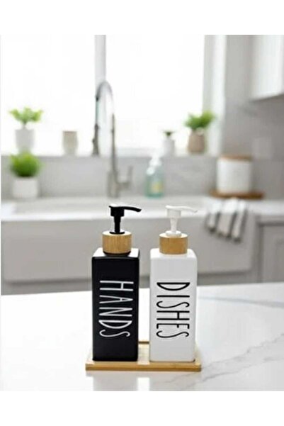 Home 2-Piece Rectangular Bamboo Stand Glass Liquid Soap Dispenser with Hands&Dishes Written on It