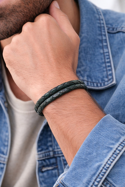 HER ŞEY NOTA www.herseynota.com Dark Green Genuine Leather Braided Men's Brac...