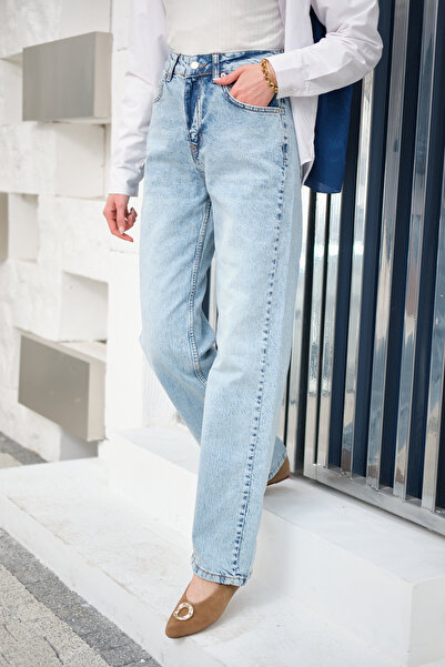 LOCCO Pantaloni de damă din denim cu tăieturi și model, albastru gheață