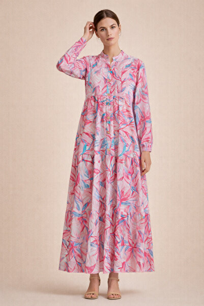 Kirazgym Floral Patterned Dress with Elastic Sleeves and Half Buttons - Plum