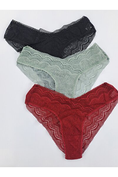 Butik 3'lü Full Dantelli Tanga Külot Brezilya Kesim Tanga Likralı Esnek Rahat...