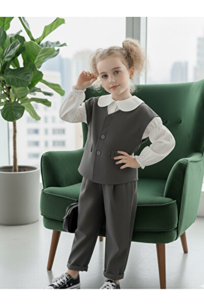 Süslüm Kids Панталони, жилетка и риза в цвят дим