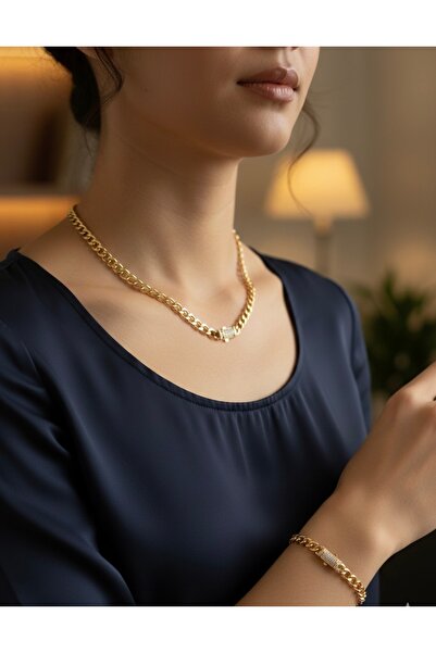 Hüma Butik Takı & Aksesuar Gold Taş Detaylı Kalın Zincir Set (Kolye & Bileklik)