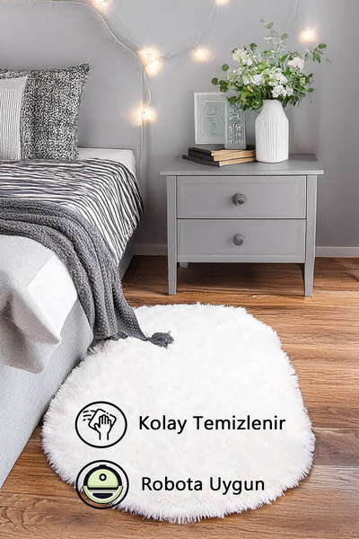 Kupon Halı Beyaz Oval Post Halı Peluş Yumuşak Kaymaz Dot Taban Yıkanabilir