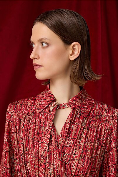 Jus De Pommes DESENLİ KRUVAZE BOYUNDAN BAĞLAMALI MİDİ BOY ELBİSE