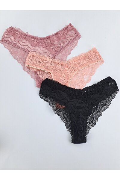 Butik 3'lü Full Dantelli Tanga Külot Brezilya Kesim Tanga Likralı Esnek Rahat...