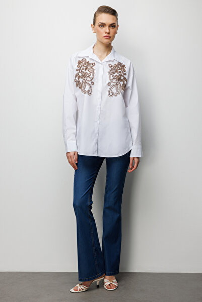 Ekol Beaded Embroidered Long Sleeve Cotton Shirt 2806
