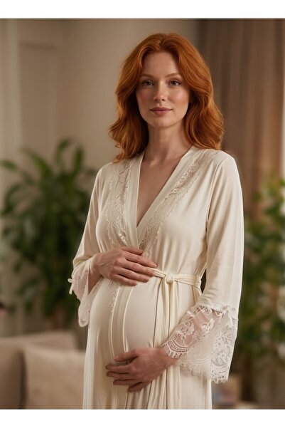 Lohussa New Season Ecru Lace Detailed Design Belted Summer Maternity Pajamas