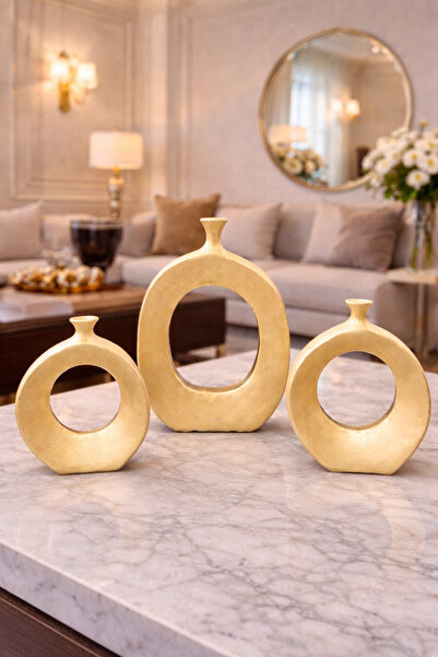 İSHTAR DEKOR Dekoratif 3'Lü Yuvarlak Aksesuar - Traverten Renk - Büyük: 22*30...