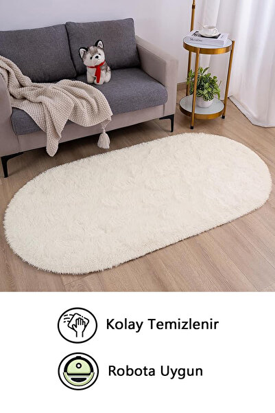 Kupon Halı Krem Oval Post Halı Peluş Yumuşak Kaymaz Dot Taban Yıkanabilir