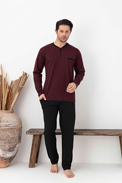 Tarık Men's Burgundy Dot Pattern Long Sleeve Combed Cotton Knitted Pajama Set