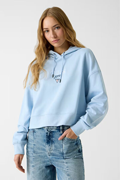 Guess Kadın Kapüşonlu Cropped Sweatshirt - Mavi
