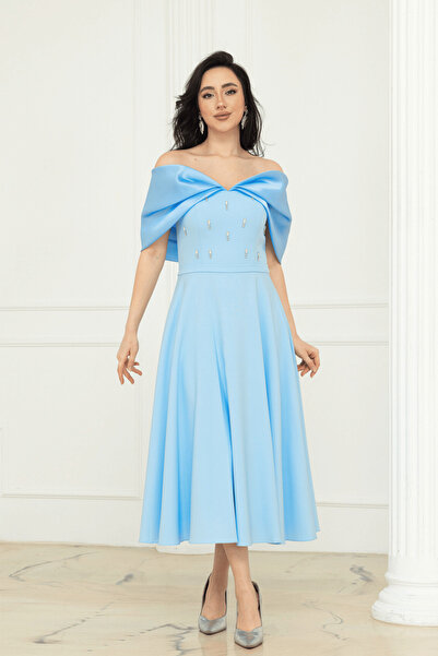 BEYBOS Rochie midi din țesătură crep cu detalii de piatră - ALBASTRU BEBE