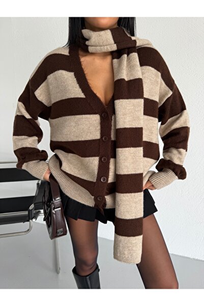 Lamierra Striped Cardigan Scarf Combination Soft Knitwear