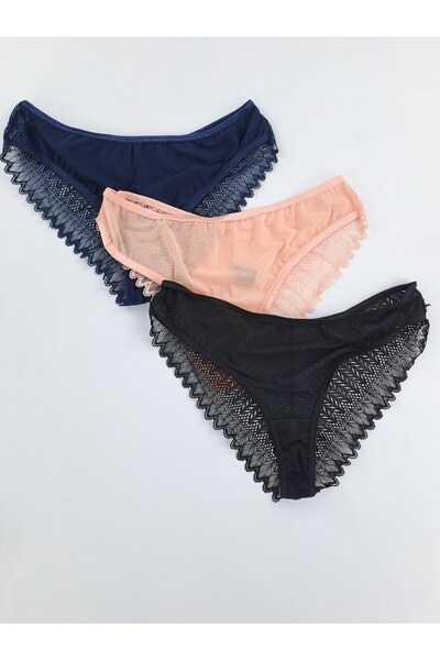 Butik 3'lü Önü Tüllü Arkası Dantelli Tanga Külot Brezilya Kesim Tanga Likralı...