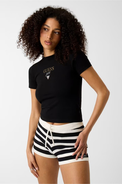 Guess Kadın Boxy Fit Logolu T-Shirt - Siyah