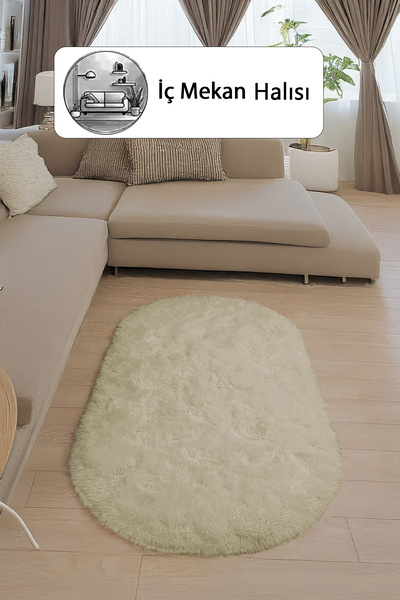 Kupon Halı Bej Oval Post Halı Peluş Yumuşak Kaymaz Dot Taban Yıkanabilir
