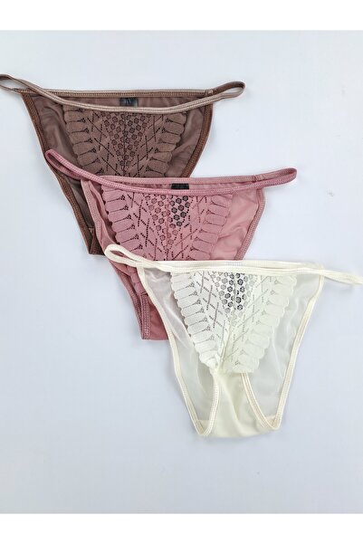 Butik 3'lü Önü Dantelli Arkası Tüllü İpli Külot Brezilya Kesim Tanga Likralı ...